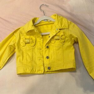 Cropped Yellow cotton girls Jean jacket with bows/rhinestone appliqué